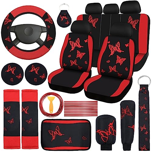 BBTO 43 Pcs Butterfly Car Seat Full Set Butterfly Car Accessories for Women 5 Front Rear Seat Covers Wrist Strap 2 Pcs Cup Mat Armrest Pad 2 Belt Xmas Cover Accessories for SUV(Red, Black)
