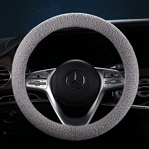 Furry Winter Car Steering Wheel Cover for Women, Soft Fleece Plush Warm Universal Auto Accessories for Jeep, Truck, Van, F150, Fuzzy, Anti Slip, Gray, Large Size, 15.2-16in
