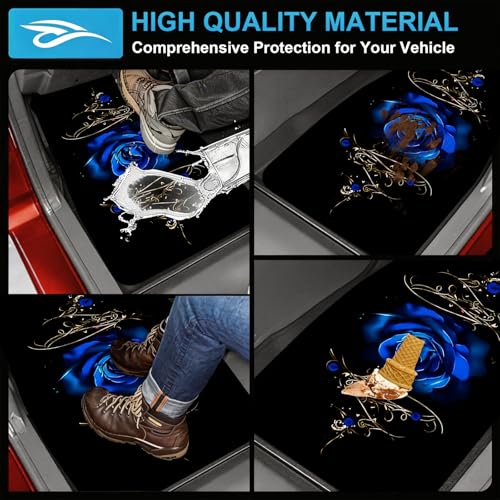 Universal Fit Car Floor Mats & Trunk Mat Set of 5Pcs, Blue Rose Print All-Weather Front Rear Floor Mats with Cargo Liner, Non-Slip Car Mats Cargo Mat Automotive Accessories for Cars Trucks SUVs