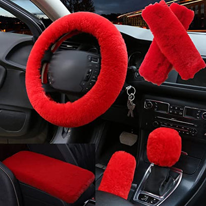 1 Set 6 Pcs Fluffy Car Steering Wheel Cover & Seat Belt Shoulder Pads & Handbrake Cover & Gear Shift Cover Set & Seat Belt Shoulder Pads Faux Wool Universal Fit Car Interior Accessories (Red) - color: Red