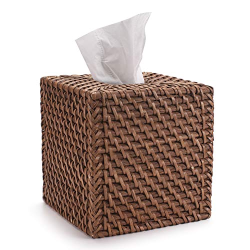 Rattan Tissue Box Cover Natural Woven Facial Napkin Holder Square (Honey Brown, 5.5x5.5x5.9 Inch) - color: Honey Brown