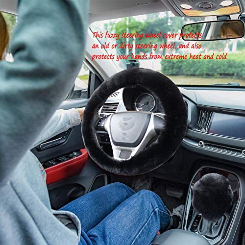 WenMei 4PCS Set Fluffy Steering Wheel Covers with Handbrake Cover&Gear Shift Cover&Plush Keychain Furry Steering Wheel Cover for Women Girl Fashion Warm Car Wheel Protector Fit Most Car (Black) - color: Black
