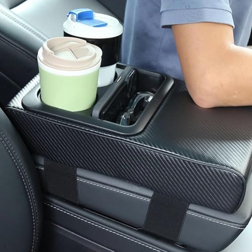 Car Center Console Armrest Pillow with Cup Holder (13.77"*8.26"*2.95") & Phone Holder Waterproof Leather Arm Rest Protector Cushion Car Accessories (Black Carbon Brazed Leather) - color: Black Carbon Brazed Leather