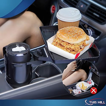Cup Holder Tray for Car, 2 in 1 Detachable Car Food Table Tray with Solid Base & Phone Slot,Car Cup Holder Expander with 360°Rotation Tray for Travel Road Essentials