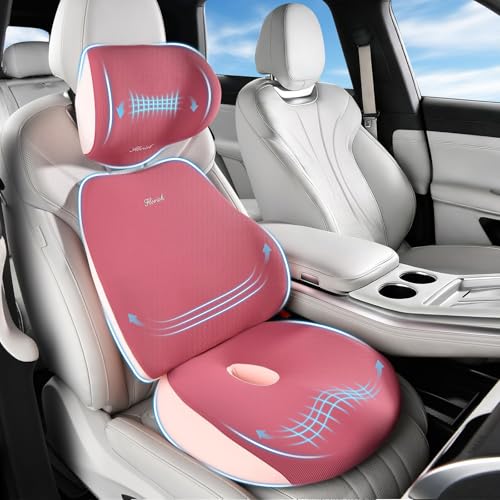 FLORICH Car Seat Cushion & Lumbar Support Pillow & Car Neck Pillow, Ergonomic Memory Foam Driving Seat Cushion for Back & Sciatica Pain Relief, Non-Slip Washable Cushion for Car, Driver, Office-Pink - color: Pink, size: 3 Peices