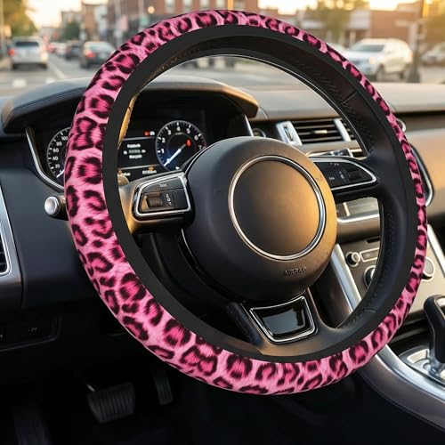 Leopard Print Pink Steering Wheel Cover Universal for 14-15 Inch Anti-Slip Breathable +2 Pieces Car Coasters, Cheetah Print hot Pink Car Wheel Cover for Women Men - color: Leopard pint
