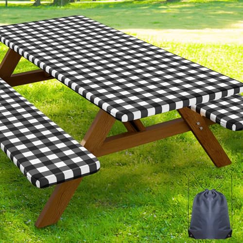 Smiry Picnic Table Cover with Bench Covers, Waterproof Elastic Fitted Tablecloths for 5 Foot Rectangle Tables, Washable Buffalo Plaid Tablecloth for Camping, Outdoor (Black & White, 30"x60") - color: Black and White, size: 30" x 60"