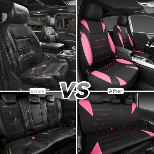CAR PASS Waterproof Car Seat Covers Full Sets, Universal Fit Seat Covers for Cars, EVA Neoprene Seat Cover Set Full Sets, Interior Covers for Auto SUV,Vans,sedans, Trucks,(Black Pink) - color: Pink Full Sets