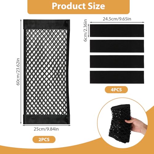 2 Pcs Universal Mesh Storage Pocket Bag, 9.8" x 23.6" Elastic Cargo Net Organizer with Hook & Loop Tape for Car SUV RV Camper and Home, High Capacity Wall Sticker Pouch for Trunk and Travel Storage