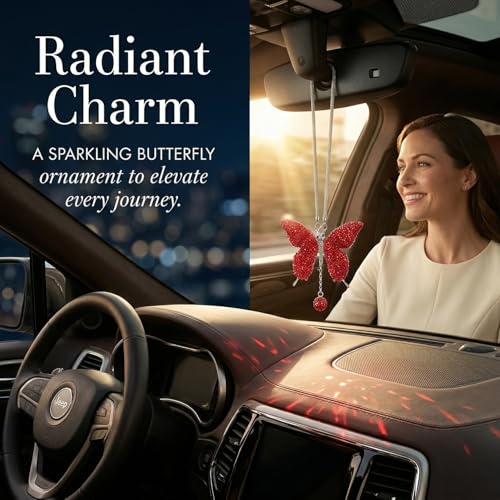 Butterfly Car Hanging Ornament Rhinestone Pendant Rearview Mirror Accessories Red Stainless Steel Car Interior Decoration