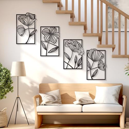 KOYILTD 4 Pcs Black Metal Wall Art Metal Flowers Wall Art Black Minimalist Line Art Wall Decor Room Decor Aesthetic Modern House Decor for Living Room Bedroom Bathroom Kitchen (Elegant)