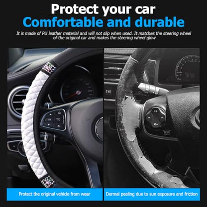 Osilly Bling Car Steering Wheel Cover, 15 Inch Rhinestones Soft Leather Elastic Steering Wheel Protector, Sparkly Crystal Diamond for Women Girls (White) - color: White