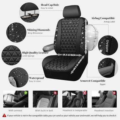 CAR PASS Bling Diamond Black Leather Car Seat Covers Full Sets Interior Sets, Waterproof Shining Glitter Sparkly Crystal Universal Armrest Fit Automotive Truck SUV Cute Women Girl, Black PU Rhinestone - color: Black Rhinestone, size: Full Set