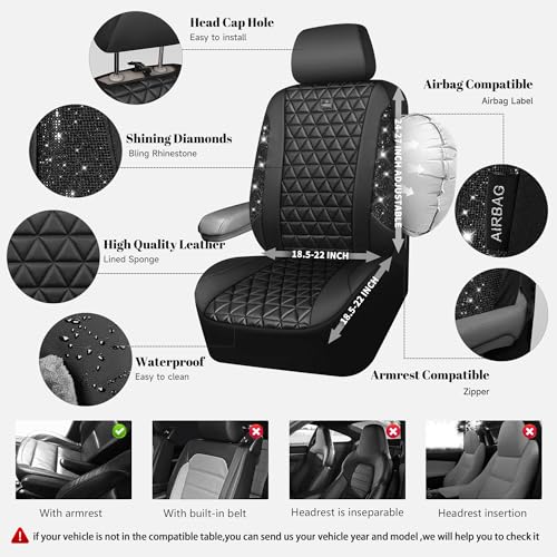 CAR PASS Bling Diamond Black Leather Car Seat Covers Full Sets Interior Sets, Waterproof Shining Glitter Sparkly Crystal Universal Armrest Fit Automotive Truck SUV Cute Women Girl, Black PU Rhinestone - color: Black Rhinestone, size: Full Set