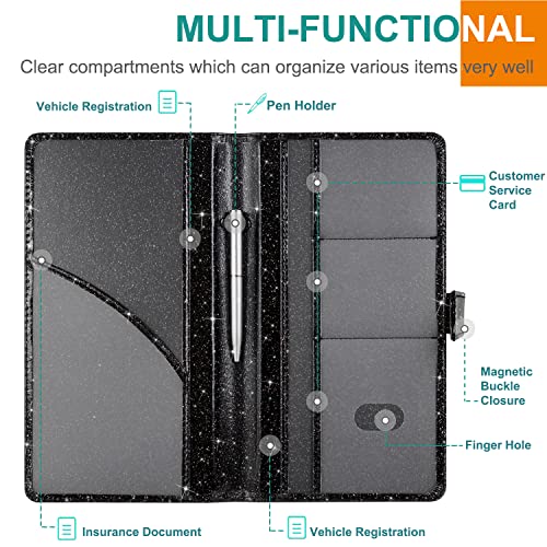 Car Registration and Insurance Holder, Vehicle Glove Box Organizer Cool Car Accessories, Auto Truck Document Holder for Cards, Driver License, Black Glitter