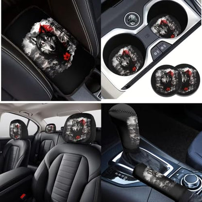 Wolf Flower Printed 16 Piece Car Interior Cover Set, Car Front Rear Seat Covers with Steering Wheel Protector Center Console Covers Seatbelt Pads Head Rest Cover Cars Coaster, Universal Fit - color: Black and Gray - Wolf Flower