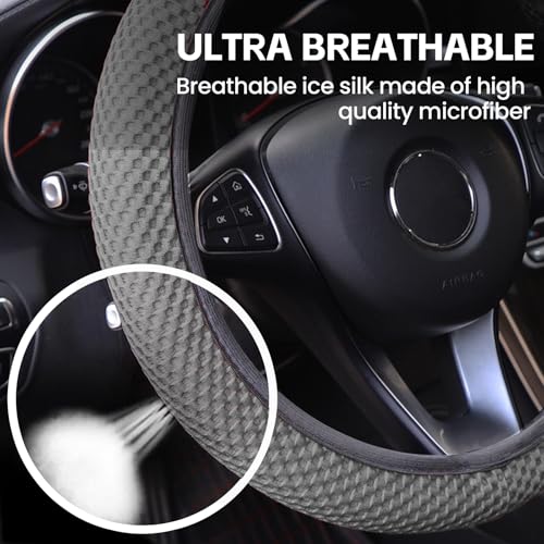 Elastic Stretch Car Steering Wheel Cover, Comfortable Steering Wheel Cover Universal for 14.5-15 Inch, Warm in Winter & Cool in Summer, Anti-Slip Breathable Ice Silk (Gray) - color: Gray