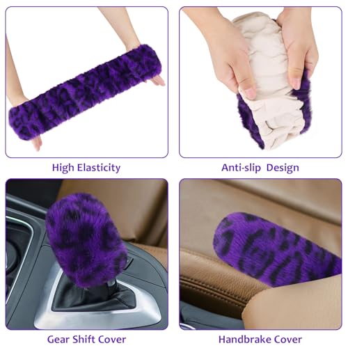 Accmor Fuzzy Car Steering Wheel Cover, Universal Fit Fur Car Wheel Cover & Handbrake Cover & Gear Shift Cover Set, Fluffy Fashion Leopard Print Auto Steering Wheel Protector for Women Girls(Purple) - color: Purple/Dark Leopard