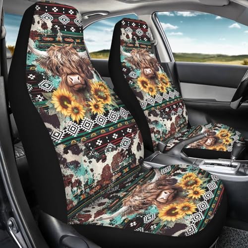 Highland Cow Front Car Seat Cover for Women Men Sunflower Universal Bucket Seat Cover Southwest Africa Aztec 2 Pieces Automotive Seat Covers Set - color: Highland Cow Sunflower3