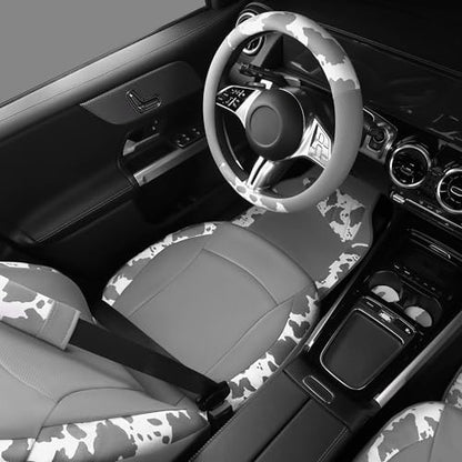 CAR PASS Cow Print Faux Leather Car Seat Covers & Cow Car Mats & Cow Steering Wheel Cover Seat Belt Pads Universal fit for SUV,Van,Saden,Truck Cute Car Accessories Automobile Interior Sets All Gray - color: Cow Print Gray