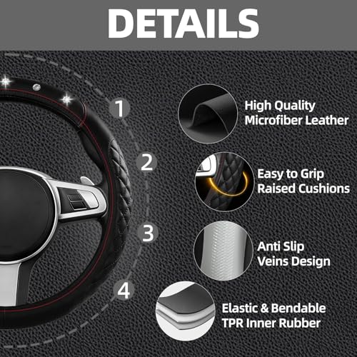 NBTEPEM 6 PCS Bling Car Accessories Set, Leather Steering Wheel Covers Universal 14.5-15 inch, Center Console Cover, Seat Belt Cushion, Cup Holder Coaster (Black) - color: Black
