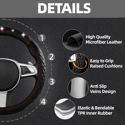 NBTEPEM 6 PCS Bling Car Accessories Set, Leather Steering Wheel Covers Universal 14.5-15 inch, Center Console Cover, Seat Belt Cushion, Cup Holder Coaster (Black) - color: Black