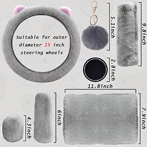 9 Pack Cute Bear Fluffy Steering Wheel Cover with Furry Gear Cover,Handbrake Cover,Seat Belt Pad,Armrest Pad,Bling Car Coaster and Fur Key Chain for Women Girls (Gray) - color: Gray