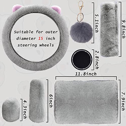 9 Pack Cute Bear Fluffy Steering Wheel Cover with Furry Gear Cover,Handbrake Cover,Seat Belt Pad,Armrest Pad,Bling Car Coaster and Fur Key Chain for Women Girls (Gray) - color: Gray