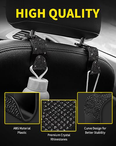 4 Pack Blink Diamond Car Seat Headrest Hooks Crystal Rhinestone Car Purse Holder Universal Interior Accessories for Handbags, Water Bottles, Coats, Umbrellas, Black - color: Black