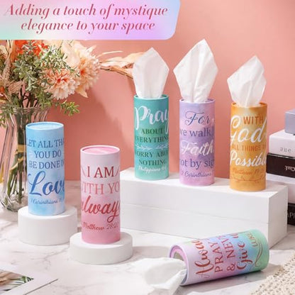 Outus 12 Pcs Christian Car Tissues Cylinder Holder with 3 Ply Facial Tissue Bulk Watercolor Religious Tissue Holder Travel Tissues Boxes Container for Home Mother's Gift for Church Ladies - style: Blending
