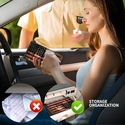 Leather Car Registration and Insurance Card Holder, Cute Car Accessories Vehicle Glove Box Car Organizer for Documents, Cards, License Wood Grain American Flag - color: Wood Grain American Flag