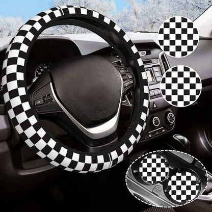 Black and White Checkered Steering Wheel Cover Rubber Anti-Slip 14.5-15 Inch Universal Steering Wheel Cover with 2 Pieces Car Coasters Suitable for Men Women - color: black and white checkered