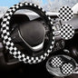 Black and White Checkered Steering Wheel Cover Rubber Anti-Slip 14.5-15 Inch Universal Steering Wheel Cover with 2 Pieces Car Coasters Suitable for Men Women - color: black and white checkered