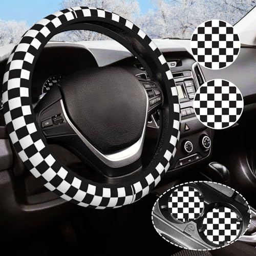 Black and White Checkered Steering Wheel Cover Rubber Anti-Slip 14.5-15 Inch Universal Steering Wheel Cover with 2 Pieces Car Coasters Suitable for Men Women - color: black and white checkered