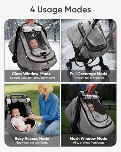 TinlyFinly Waterproof Car Seat Cover for Baby, 2-Layer Car Seat Rain Cover with Clear Window & Sunshade & Mesh Cover, Universal Infant Carseat Canopy for Stroller, Protect from Rain and Snow - Gray - color: Gray