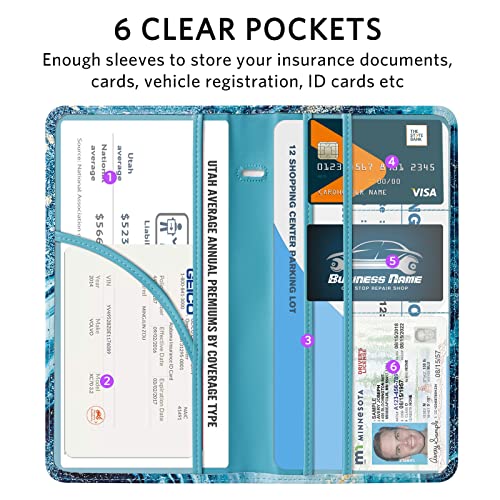 CoBak Car Registration and Insurance Holder - Vehicle Glove Box Car Organizer,Auto Truck Comparment Accessories Case with Magnetic Closure for Driver License,Cards - color: L-Teal&Gold Marble