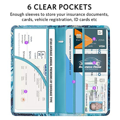 CoBak Car Registration and Insurance Holder - Vehicle Glove Box Car Organizer,Auto Truck Comparment Accessories Case with Magnetic Closure for Driver License,Cards - color: L-Teal&Gold Marble