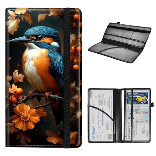 Car Registration and Insurance Holder for Women Men,Automobile License Document Card Holders Vehicle Glove Box Organizer Leather Accessories Driver Essential,Kingfisher Autumn Berries - color: Kingfisher Autumn Berries