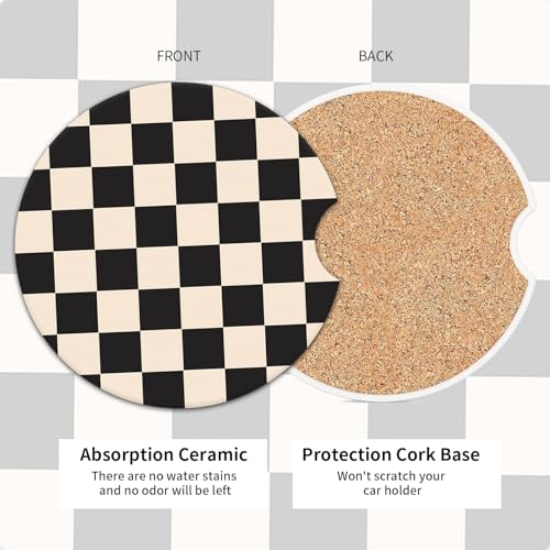 2 Pack Universal Ceramic Car Coasters，Ceramic Stone with A Finger Notch for Easy Removal of Car Cup Holder Coaster(Black Beige Plaid) - color: Black Beige Plaid