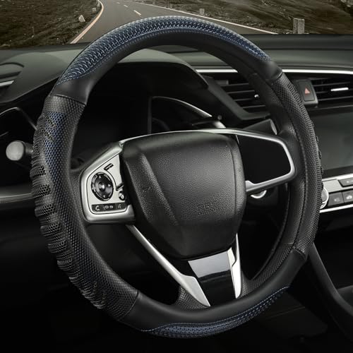 3D Steering Wheel Cover Great Grip with 3D Honeycomb Hole, Anti-Slip Sporty Design, Large 16 inch for F150 F250 F350 Model S X Ram 4Runner Tacoma Tundra Range Rover(Black with Blue) - color: Black with Blue, size: Round-Large[15.5''-16'']