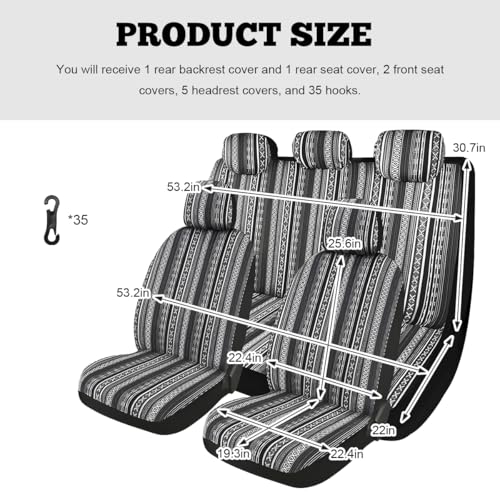 9PCS Baja Saddle Blanket Car Seat Covers, Front Set Breathable Washable Seat Covers with Seatbelt Pad, Striped Woven Cloth Airbag Compatible Seats Protector for Most Vehicles (Black White Thin) - color: Black White Thin
