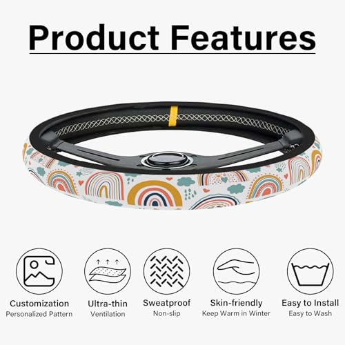 Boho Rainbow Steering Wheel Cover, Cute Print Steering Wheel Cover Protector, Ultra Thin Breathable Non-Slip, Car Accessories for Women, for Steering Wheel with a Diameter of 14.5"-15"