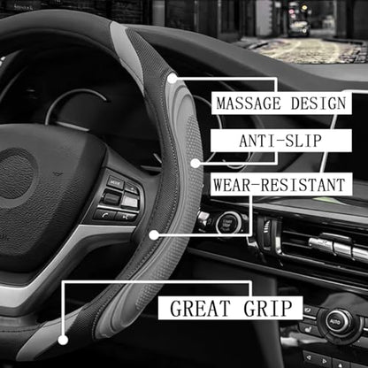 15 Inch Car Leather Steering Wheel Cover, Automotive Accessories Elastic Breathable Anti-Slip Soft Wheel Protector Fits Men and Women, Suitable for SUVs, Trucks, Vehicles and RVs (Gray) - color: Gray