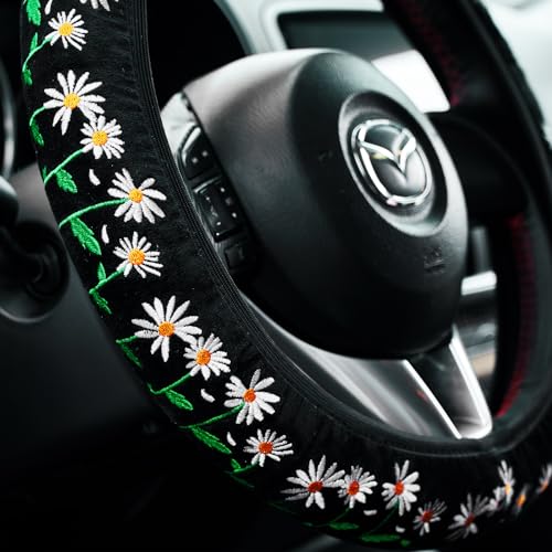 Embroidered Cute Daisy Black Steering Wheel Cover,Flower Steering Wheel Cover Protector for Women,Universal Fit Most Cars -15 inch - color: Black