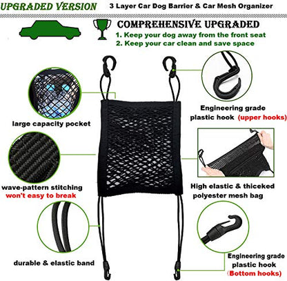 DYKESON Pet Barrier Dog Car Net Barrier with Auto Safety Mesh Organizer Baby Stretchable Storage Bag Universal for Cars, SUVs -Easy Install,Safer to Drive with Pets and Children, 2 Layer - size: 12 in × 14.5 in