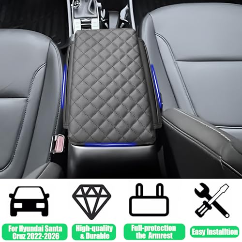 Center Console Cover for Hyundai Santa Cruz 2022-2025 2026, PU Leather & Thick Armrest Cover with Pockets Storage Bag Armrest Cushion Pad for Hyundai Santa Cruz Interior Accessories