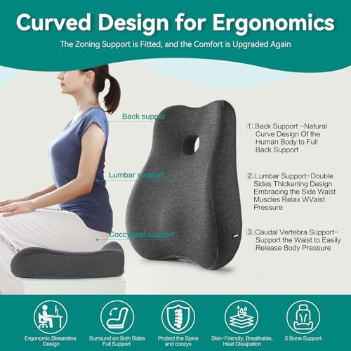 X Large Memory Foam Seat Cushion & Lumbar Support Pillow, Sciatica & Tailbone Pressure Relief Coccyx Cushion for Office Chair, Car, Wheelchair, Home - Dark Grey - color: Dark Gray