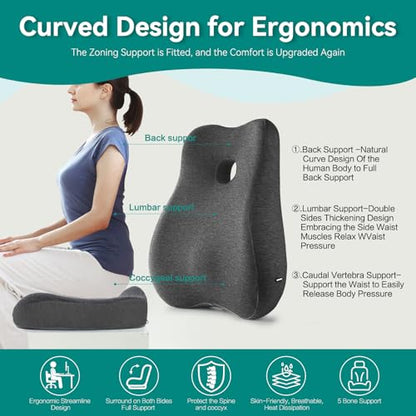 X Large Memory Foam Seat Cushion & Lumbar Support Pillow, Sciatica & Tailbone Pressure Relief Coccyx Cushion for Office Chair, Car, Wheelchair, Home - Dark Grey - color: Dark Gray