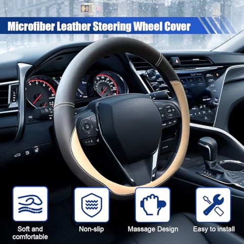 14.5"-15" Car Steering Wheel Cover, Anti-Slip Breathable Microfiber Leather Car Wheel Protector, Universal Auto Interior Heat Resistant UV Protection Accessory for Sedan SUV (Beige-15)