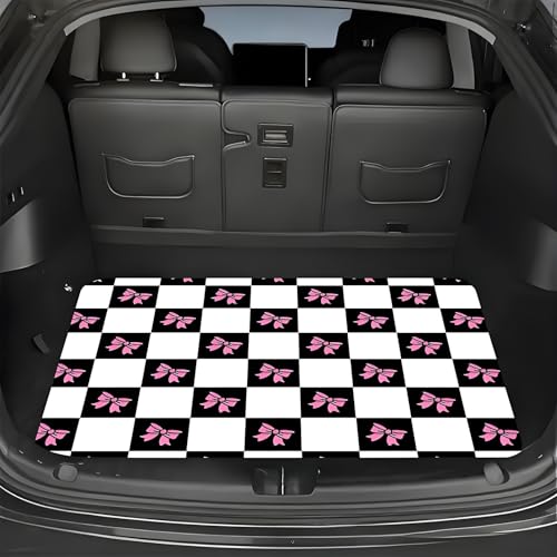 Universal Car Trunk Mat 29" x 39", Plaid and Pink Bow All Weather Trunk Protection Cargo Liner, Durable Cargo Mat Rear Trunk Liner, Stylish Vehicle Interior Accessories Suitable for Most Car Models - color: Plaid and Bow